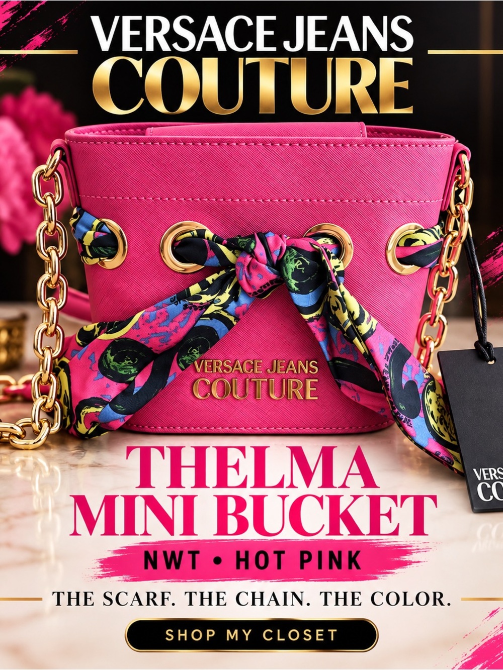💖 NWT Versace Jeans Couture Thelma Mini Bucket Bag | Pink Scarf & Gold Chain - Picture 8 of 8